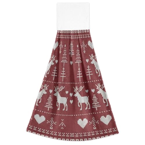 FRODOTGV Weihnachtliche rot-weiße gestrickte Hirschbäume Küche Baumwolle Badetücher mit Schlaufe Set mit 2 Kinderwaschlappen Fitnessstudio weiße Geschirrtücher von FRODOTGV
