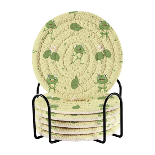 Lustige grüne flache Frösche Lilien saugfähige Untersetzer für Getränke mit Halter Set von 6 Tischuntersetzern Untersetzer für Holztisch Porta Vasos von FRODOTGV