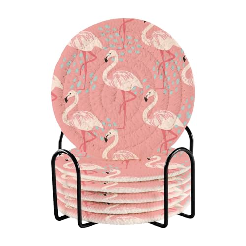 Tropische rosa Flamingo-Untersetzer, saugfähiges Set mit Halter, 6 Stück, Getränkeuntersetzer für Zuhause, Baumwoll-Untersetzer, Bar, Essentials für Heimdekoration von FRODOTGV