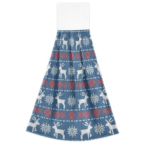 Weihnachtliche blau-rot-weiße gestrickte Rentier-Badehandtücher mit Aufhängeschlaufen, Set mit 2 Geschirrtüchern, schnell trocknendes Handtuch und Waschlappen für Yoga von FRODOTGV