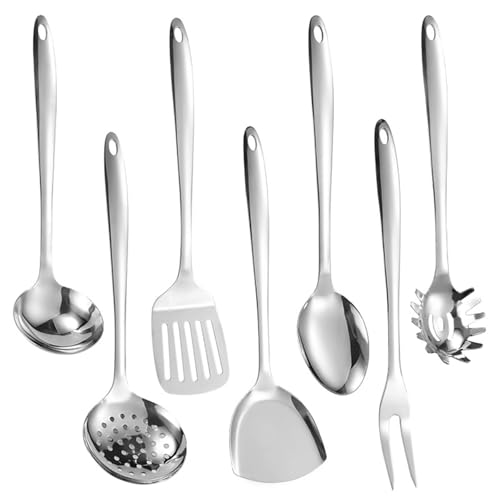 Set mit 7 Edelstahl-Küchenutensilien, unverzichtbares Kochwerkzeug, Schlitz-Stimmgerät, Servierlöffel, Kochen, Küchenutensilien Set mit 7 Edelstahl-Küchenutensilien, unverzichtbares Kochwerkzeug, Schlitz-Stimmgerät, Servierlöffel, Kochen, Küchenutensilien von FROMCEO