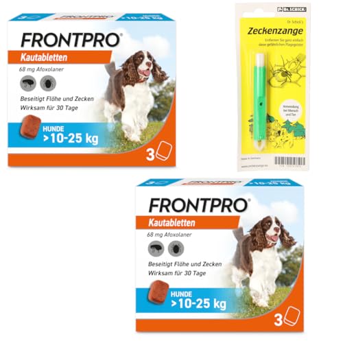 FRONTPRO Kautabletten für Hunde 10-25 kg 6-Monats-Set zum Schutz gegen Zecken und Flöhe mit Zeckenzange: Schützt bis zu 6 Monate von FRONTPRO
