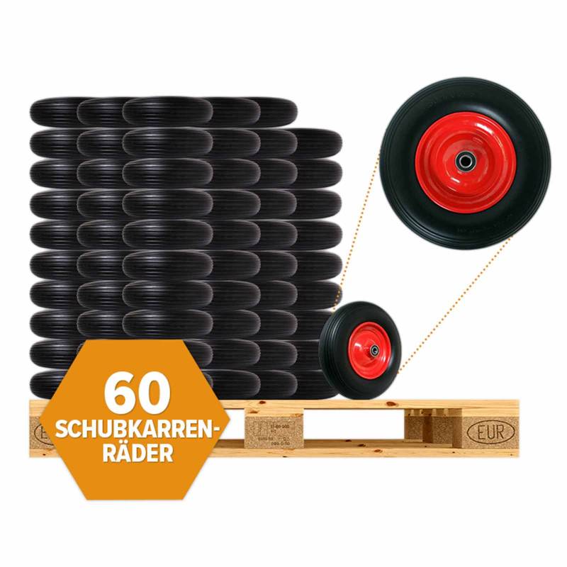60 Stück FRONTTOOL Schubkarrenrad pannensicher, PU Vollgummi-Reifen Ø 400 mm von FRONTTOOL