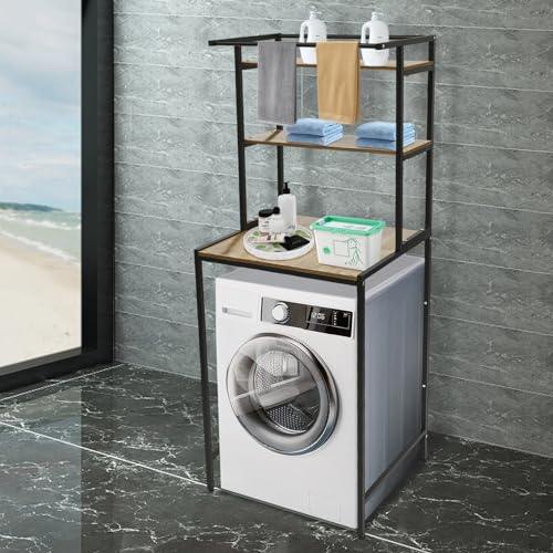 FROPIJ 3-Stöckiges Waschmaschinenschrank, Waschmaschinenregal Toilettenregal WC Regal Hohe Tragfähigkeit, Exquisit Waschmaschinen Regal 69x60x176.5cm (Schwarz + Eiche) von FROPIJ