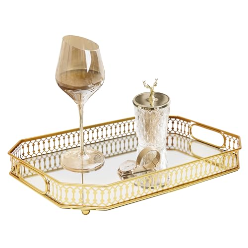 Metall Serving Tablett Gold Serviertablett Spiegeltablett mit Spiegel Glas Dekoratives, Vintage Servierplatte Kosmetiktablett Aufbewahrung Tablett für Kosmetika Süßigkeiten 35x25cm von FROPIJ