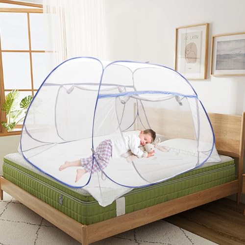 Moskitonetz Bett, Mückennetz Bett Faltbares Moskitonetz Reise mit Aufbewahrungstasche, Fliegennetz Bett Stechmückenfrei Doppelreißverschluss für Schlafzimmer Camping 200x180x145cm von FROPIJ