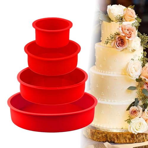 4 Stück Silikon Backform Rund, Kuchenformen Silikon Set, 10 cm 15cm 20cm 25cm, Antihaft Silikon Kuchenform, für Kuchen, Käsekuchen (Rot) von FRTAOOP