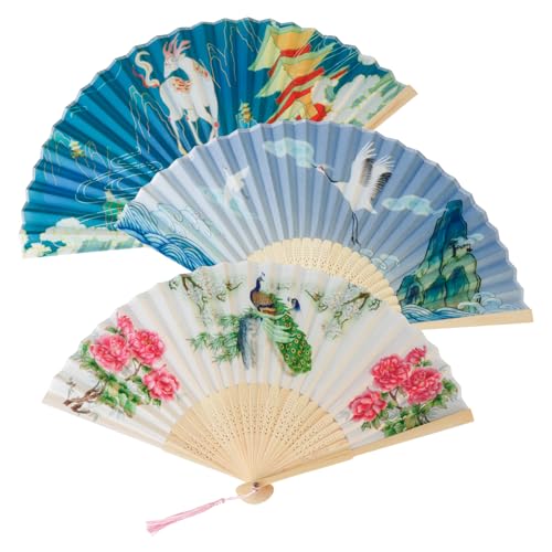 FRUHLING 3 Stück Handheld Faltventilator Fächer Hand Fans mit Quaste Fächer Hochzeit Handfächer Bambus Stoff Folding Fans für Heimdekoration Party Hochzeit Tanzen von FRUHLING