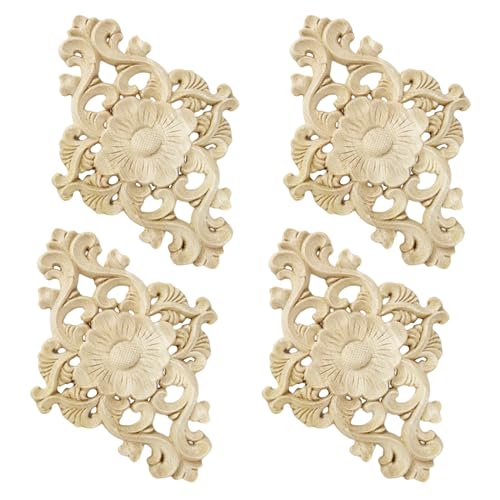 FRUHLING 4 Stück Holz Ornament Holz Geschnitzte Möbel Appliques Schnitzerei Ornament Onlay Applique Unlackierte Holzornamente für Möbel Wand Schrank Tür Decor DIY Handgemacht von FRUHLING
