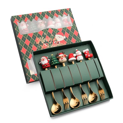 FRUHLING 6 Stück Weihnachtslöffel Gabeln Set Edelstahl Weihnachtskaffeelöffel Weihnachtsgabeln Dessertlöffel Teelöffel Rührlöffel Weihnachtsbesteck mit Geschenkbox 3 Löffel 3 Gabeln (Gold) von FRUHLING