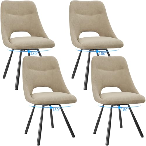 FRUOGO 4er Set Esszimmerstühle, 180° drehbarer Küchenstuhl, Frisiertischstühle aus Baumwoll-Kaschmirimitat, moderner gepolsterter Wohnzimmerstuhl mit Metallfüßen, Khaki von FRUOGO