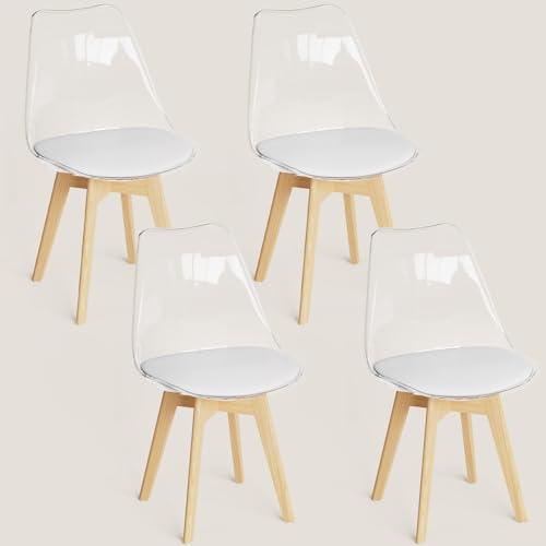 FRUOGO Esszimmerstühle 4er Set mit transparenter Rückenlehne und Massivholzbeine aus Buche,küchenstühle Polsterstuhl Stühle mit weißem bequemem Sitzkissen für Esszimmer Küche Wohnzimmer Schlafzimmer von FRUOGO