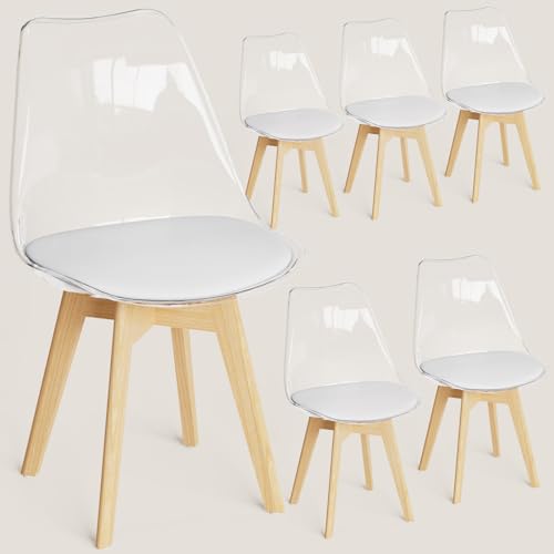 FRUOGO Esszimmerstühle 6er Set mit transparenter Rückenlehne und Massivholzbeine aus Buche,küchenstühle Polsterstuhl Stühle mit weißem bequemem Sitzkissen für Esszimmer Küche Wohnzimmer Schlafzimmer von FRUOGO