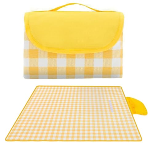 FRYSKYO Picknickdecke, Extra Große Picknickdecke, Wasserdicht, Mit Tragegriff, for Camping, Park, Garten, Strand, Waschbar, Faltbar, Gelbes Und Weißes Gitter(200x200cm) von FRYSKYO