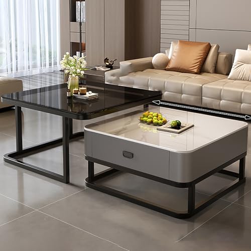 Couchtisch 2er Set, Couchtisch Mit Schublade, Wohnzimmertisch, Zusammensetzbarer Couchtisch Mit Schubladen, Quadratisches Couchtisch-Set, Schiefer und Glas, Platzsparend, Geeignet für Wohnzimmer Und B von FSADYANG