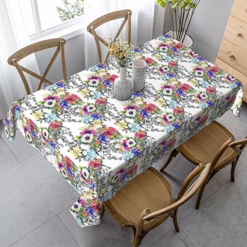 FSCEV Tischdecke mit blühenden Wildblumen, Vögeln, Blättern, Zweigen, rechteckig, für Küche, Esszimmer, Innen- und Außenbereich von FSCEV