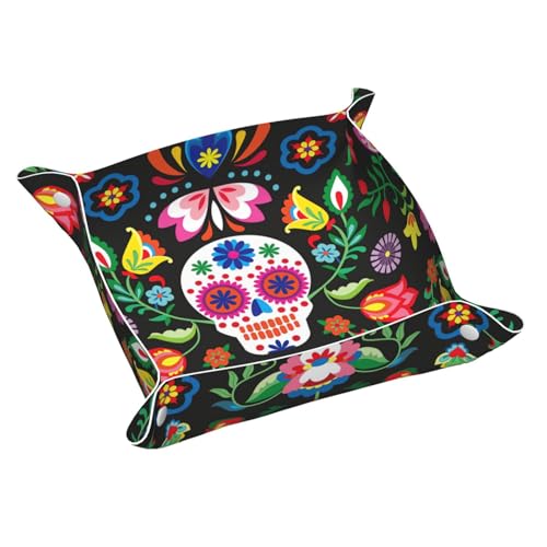 Sugar Horror Totenkopf und Blumen Leder Ablagetablett Desktop Organizer Caddy Box Dekorative Herren Accessoires von FSCEV