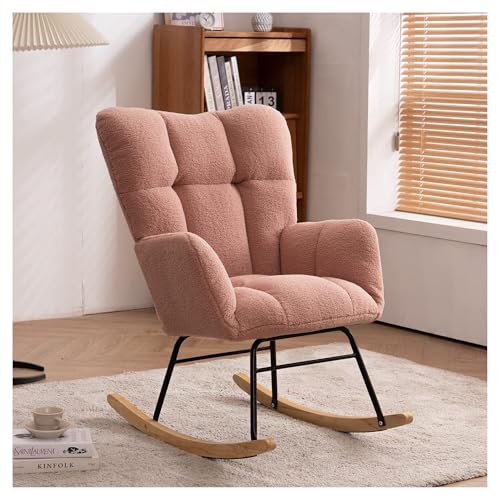 FSDFKPOP 10 Mid Century Moderner Schaukelstuhl mit Teddystoff und gepolsterter Sitzfläche for Wohnzimmer und Schlafzimmer (dunkelgrün)(Pink Teddy) von FSDFKPOP