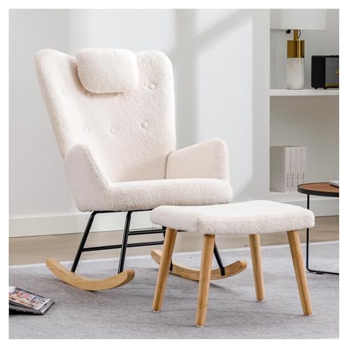 FSDFKPOP 10 Mid Century Moderner Schaukelstuhl mit Teddystoff und gepolsterter Sitzfläche for Wohnzimmer und Schlafzimmer (dunkelgrün)(White Teddy - a) von FSDFKPOP