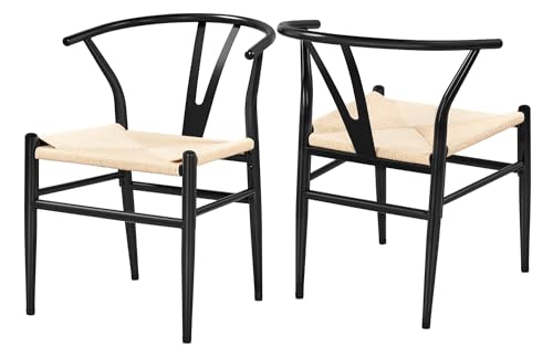 FSDFKPOP 2er-Set Weave Arm Chair Mid-Century Metall-Esszimmerstuhl mit Y-förmiger Rückenlehne und Hanfsitz, Schwarz(Black,Set of 2) von FSDFKPOP
