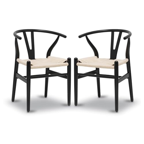 FSDFKPOP 2er-Set Weave Arm Chair Mid-Century Metall-Esszimmerstuhl mit Y-förmiger Rückenlehne und Hanfsitz, Schwarz(Black,Set of 2) von FSDFKPOP