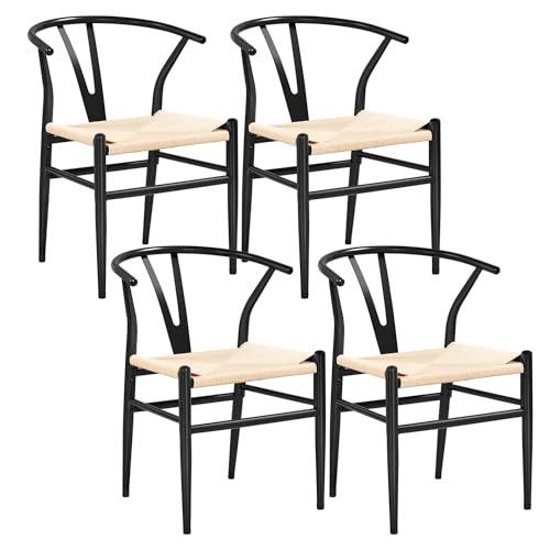 FSDFKPOP 2er-Set Weave Arm Chair Mid-Century Metall-Esszimmerstuhl mit Y-förmiger Rückenlehne und Hanfsitz, Schwarz(Black,Set of 4) von FSDFKPOP