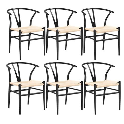 FSDFKPOP 2er-Set Weave Arm Chair Mid-Century Metall-Esszimmerstuhl mit Y-förmiger Rückenlehne und Hanfsitz, Schwarz(Black,Set of 6) von FSDFKPOP