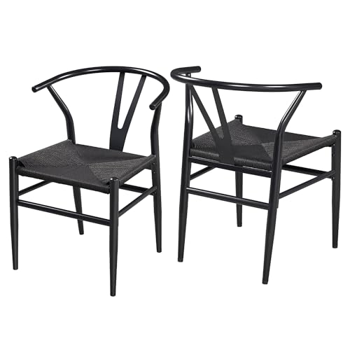 FSDFKPOP 2er-Set Weave Arm Chair Mid-Century Metall-Esszimmerstuhl mit Y-förmiger Rückenlehne und Hanfsitz, Schwarz(Full Black,Set of 2) von FSDFKPOP
