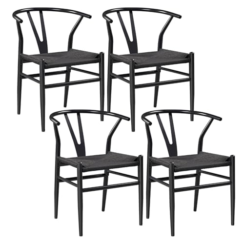 FSDFKPOP 2er-Set Weave Arm Chair Mid-Century Metall-Esszimmerstuhl mit Y-förmiger Rückenlehne und Hanfsitz, Schwarz(Full Black,Set of 4) von FSDFKPOP