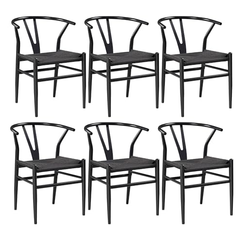 FSDFKPOP 2er-Set Weave Arm Chair Mid-Century Metall-Esszimmerstuhl mit Y-förmiger Rückenlehne und Hanfsitz, Schwarz(Full Black,Set of 6) von FSDFKPOP