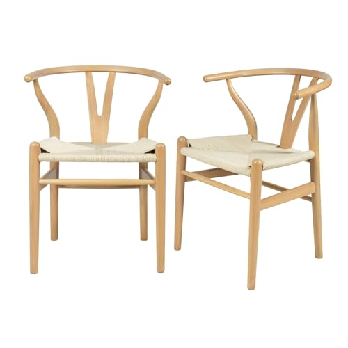 FSDFKPOP 2er-Set Weave Arm Chair Mid-Century Metall-Esszimmerstuhl mit Y-förmiger Rückenlehne und Hanfsitz, Schwarz(Nature Wood,2-Set) von FSDFKPOP