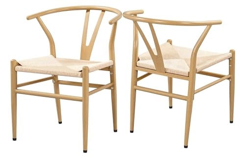 FSDFKPOP 2er-Set Weave Arm Chair Mid-Century Metall-Esszimmerstuhl mit Y-förmiger Rückenlehne und Hanfsitz, Schwarz(Wood Color,Set of 2) von FSDFKPOP