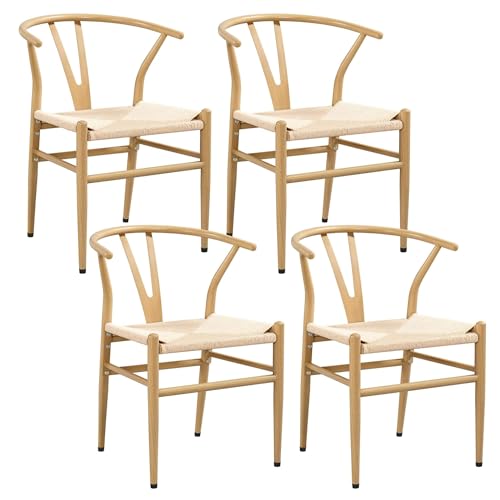 FSDFKPOP 2er-Set Weave Arm Chair Mid-Century Metall-Esszimmerstuhl mit Y-förmiger Rückenlehne und Hanfsitz, Schwarz(Wood Color,Set of 4) von FSDFKPOP
