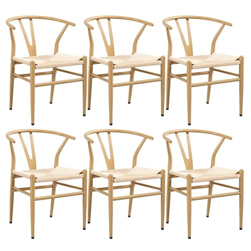 FSDFKPOP 2er-Set Weave Arm Chair Mid-Century Metall-Esszimmerstuhl mit Y-förmiger Rückenlehne und Hanfsitz, Schwarz(Wood Color,Set of 6) von FSDFKPOP