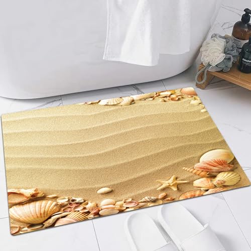 FSDGY Badvorleger Fußmatte Flauschig Teppich Badezimmerteppich Duschmatte für Bade & Wohnzimmer Schlafzimmer,Beige, nautischen Strand Hawaii tropischen Muscheln am Meer Sterne,60x90 cm von FSDGY