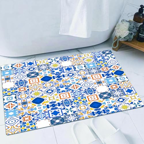 FSDGY Badvorleger Fußmatte Flauschig Teppich Badezimmerteppich Duschmatte für Bade & Wohnzimmer Schlafzimmer,Gelb und Blau, Mosaik Portugiesisch Azulejo Mediterran Arabesque Überwurf Kissen,40x60 cm von FSDGY