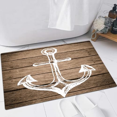 FSDGY Badvorleger Fußmatte Flauschig Teppich Badezimmerteppich Duschmatte für Bade & Wohnzimmer Schlafzimmer,Nautischer Anker Handzeichnung Nautische Skizze Taupe Bretter von,40x60 cm von FSDGY