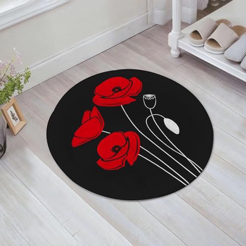 FSDGY Badvorleger Fußmatte Flauschig Teppich Badezimmerteppich Duschmatte für Bade & Wohnzimmer Schlafzimmer,Quilt-Muster rote Mohnblumen auf schwarzem Hintergrund,60x60 cm von FSDGY