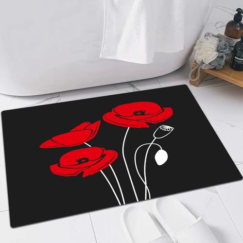FSDGY Badvorleger Fußmatte Flauschig Teppich Badezimmerteppich Duschmatte für Bade & Wohnzimmer Schlafzimmer,Quilt-Muster rote Mohnblumen auf schwarzem Hintergrund,60x90 cm von FSDGY