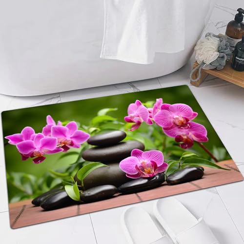 FSDGY Badvorleger Fußmatte Flauschig Teppich Badezimmerteppich Duschmatte für Bade & Wohnzimmer Schlafzimmer,Spa-Dekor, Zen-Basaltsteine und Orchidee spiegeln das Tropische Wohlbefinden im,60x90 cm von FSDGY