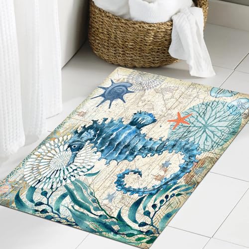 FSDGY Badvorleger Fußmatte Flauschig Teppich Badezimmerteppich Duschmatte für Bade & Wohnzimmer Schlafzimmer,Vintage Bunte Meeresboden malerische Seepferdchen Meereslebewesen,60x90 cm FSDGY Badvorleger Fußmatte Flauschig Teppich Badezimmerteppich Duschmatte für Bade & Wohnzimmer Schlafzimmer,Vintage Bunte Meeresboden malerische Seepferdchen Meereslebewesen,60x90 cm von FSDGY