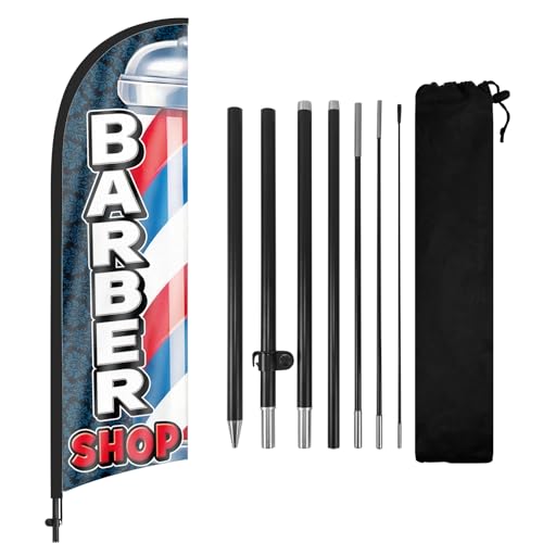 FSFLAG Barber Shop-Federflagge mit Kohlefaser-Fahnenmast und Erdnägeln, 2,7 m, Barber Shop Wind Silent Flag Banner, kommerzielle Außenwerbung von FSFLAG