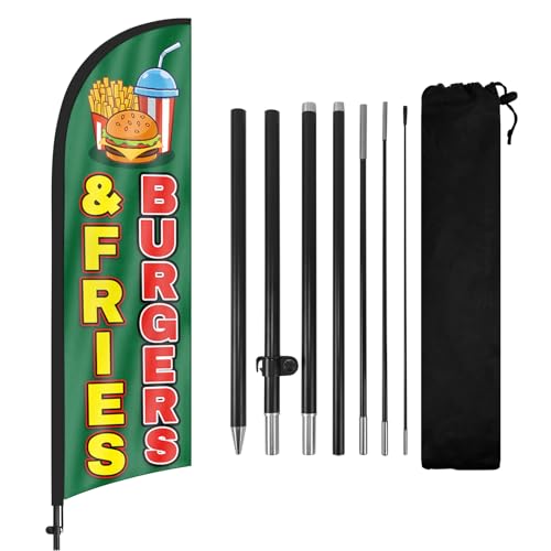 FSFLAG Burger Fries Federflagge mit Fahnenmast Kit und Erdspieß, 2,5 m Burger Pommes Windless Flagge Banner Schild Business für Außenwerbung von FSFLAG