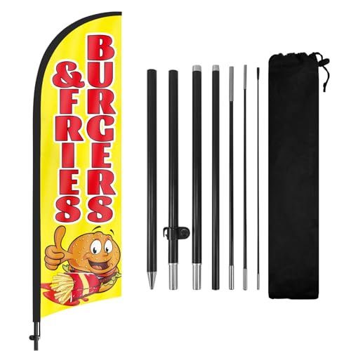FSFLAG Burgers Fries Federflagge mit Fahnenmast Kit und Erdspieß, 2,5 m Burger Pommes Frites windlose Flagge Banner Schild Geschäft für Außenwerbung von FSFLAG