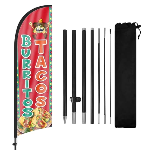 FSFLAG Burritos Tacos Federflagge mit Fahnenmast und Erdspieß, 2,5 m Burritos Tacos windlose Flagge Banner Schild Geschäft für Außenwerbung von FSFLAG