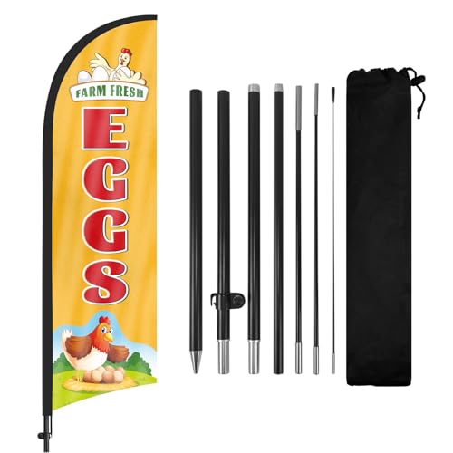 FSFLAG Farm Fresh Eggs Federflagge mit Fahnenmast-Set und Erdspieß, 3,5 m hoch, Werbung, windlos, Bauernhof, frische Eier, Flaggenschild für Außenbereich, Innenbereich und Geschäft von FSFLAG