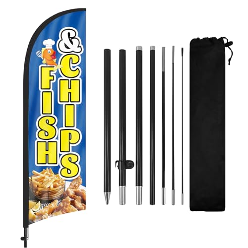 FSFLAG Fish Chips Feder Flagge mit Fahnenmast Kit und Erdspieß, 2,5 m Fischchips windlose Flagge, Banner, Schild, Geschäft für Außenwerbung von FSFLAG