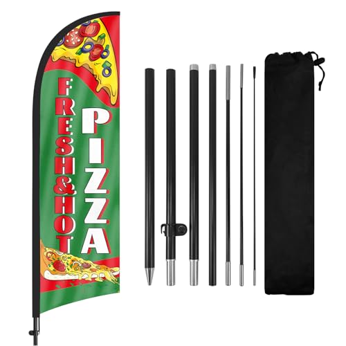 FSFLAG Fresh&Hot Pizza-Federflagge mit Fahnenmast-Set und Erdspieß, 2,5 m, frische und heiße Pizza, windstill, Banner, Schild, Geschäft für Außenwerbung von FSFLAG