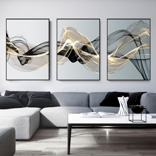 FSLEOVN 3er Set Schwarz Weiß Grau Blau Leinwandbilder Abstrakt Line Art Bilder Moderne Minimalistische Wohnzimmer Kunst Linie Wandposter Schwarz Weiß Bilder Ohne Rahmen (C,50x70cm) von FSLEOVN