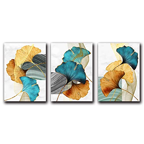 FSLEOVN 3 Stück Abstrakte Blau Grau Gold Ginkgo Biloba Bild Moderne Pflanzenblatt Poster Set Wohnzimmer Deko Leinwandbilder Ohne Rahmen (60x90cm) von FSLEOVN